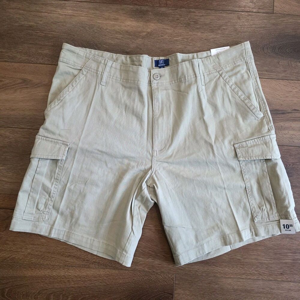 NEW Cargo Shorts Mens Sz 42 Beige 10" Inseam At The Knee Stone Wash George